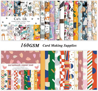 48 Sheets 24 Designs Scrapbook Paper Pad, 6"×6" Single-Sided Decopodge Craft Cardstock Paper,Scrapbooking DIY Decorative Background Cardmaking Supplies.Cat's Life&Sweet Love