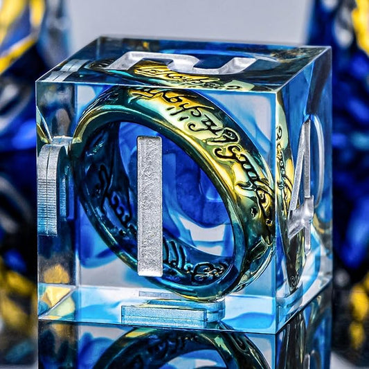 OUKELANWO Magic Lord Rings DND Dice Set with Box, 7Pcs Resin LOTR D&D Dice Set for Role Playing Game, Blue Dungeons Dragons D and D Sharp Edge Dice D20 D12 D10 D8 D6 D4