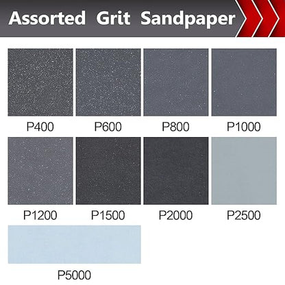 25 Pcs Wet Sandpaper, Sand Paper Assortment 400/600/800/1000/1200/1500/2000/2500/5000 Sandpaper Sheet Sandpaper for Wood Auto Metal