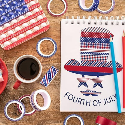 Whaline 12 Rolls 4th of July Washi Tape Patriotic Stars Stripes Washi Masking Tape Red Blue White Plaids Decorative Paper Stickers for Independence Day Scrapbook Gift Wrapping DIY Art Crafts