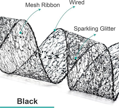 CT CRAFT LLC Sparkling Glitter Mesh Wired Ribbon 2.5" x 20 Yards Black for Christmas Home Decor Bow Gift Wrapping DIY Crafts Wreath
