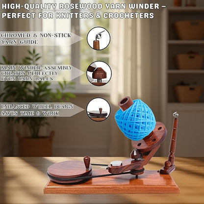 Bhartiya Handicrafts Rosewood Yarn Winder | Large Capacity 10 oz Wooden Yarn Winder for Knitting, Crocheting and Weaving | Table Top Wood Yarn Swift and Ball Winder