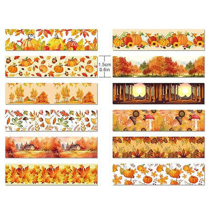 12 Pcs Thanksgiving Washi Tape Maple Leaf Print Masking Tape Pumpkin Pattern Decorative Paper Sticker for Fall Party Holiday Scrapbook DIY Craft Gift Wrapping Handbook Sticker