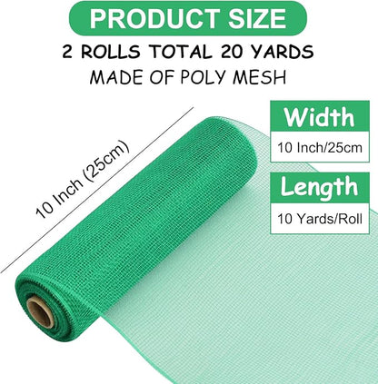 TONIFUL 2 Rolls 10 Inch Green Decorative Mesh Ribbbon Rolls, Fabric Mesh for Mesh Wreath Supplies, Front Door Wreath Crafts Tree Decor Christmas NewYears Halloween Decoration (10 yds/roll)