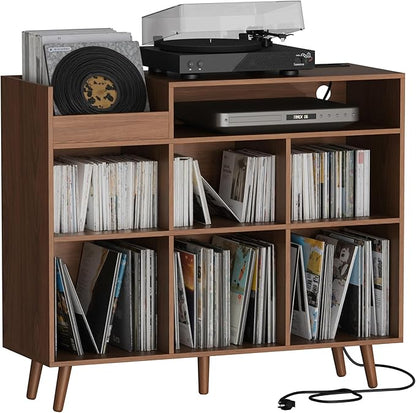 Cozy Castle Large Record Player Stand, Vinyl Storage Cabinet Mid Century Modern Turntable Stand Media Console Table Open Shelf Cube CD Album Holder Organizer for Living Room, Office, Brown