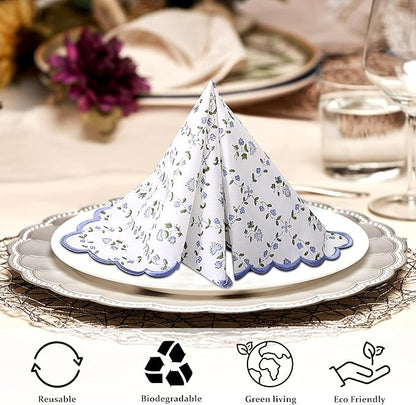 Ridhi Powder Blue Hand Block Print Napkins 18" x 18" Set of 4 Reusable Cotton Dinner Napkins for Weddings, Parties & Everyday Dining, Thanksgiving, Christmas, Fall
