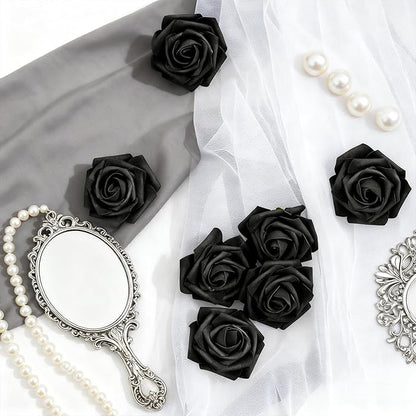 Artificial Flowers Foam Fake Roses 25pcs Black Roses with Stems for Home Decor DIY Wedding Bouquets Party Bridal Shower Centerpieces Faux Flower Arrangements Tables Decorations