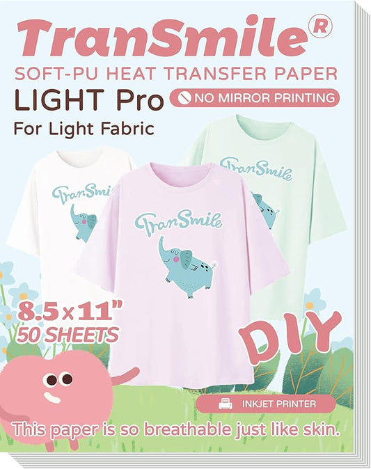 TranSmile PU-Heat Transfer Paper for T Shirts (50 Sheets, 8.5x11'', Light), Iron on Transfers for Light Fabric, Printable Heat Transfer Vinyl for Inkjet Printer