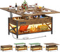 Aheaplus Coffee Table Lift Top with LED Light and Power Outlet, Multi-Function Coffee Table Converts to Dining Table, Center Table with Shelves for Living Room Reception Home Office, Rustic Brown