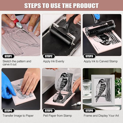 Linoleum Blocks for Printmaking, Stamp Carving Linocut Kit, Linocut Tools Block Screen Printing Kit with Cutters Carving Tools, Linocut Block, Printing Ink, Brayer Roller, Baren for Beginners DIY Gift