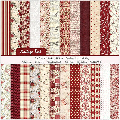 24 Sheets Red Aesthetic Scrapbooking Paper Pad - 6In x 6In Double Sided Flowers Patterns for Photos Album Journals Supplies Decorative Collage Origami DIY Crafts Gifts Wrapping