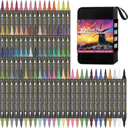 72 Colors Dual Tip Acrylic Paint Markers，Waterproof, Non-Toxic, Odorless Acrylic Markers Pens，Paint Pens & Paint Markers for Rock, Wood, Glass, Stone, Canvas, Ceramic, Fabric and Paper Painting