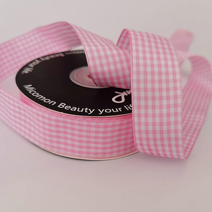 Pink and White Gingham Ribbon - 25 Yards Each Roll - 100% Polyester (1", Pink)