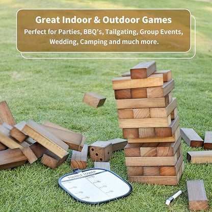ApudArmis Giant Tumble Tower Stack to Over 5Ft, 60 PCS Pine Wooden Stacking Timber Game with 1 Dice Set - Classic Block Giant Game (7.48 * 2.48 * 1.5 in Each Block, Brown)
