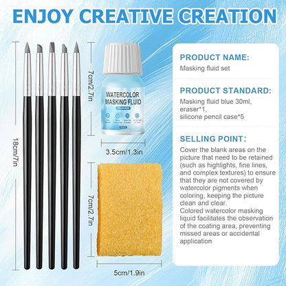 WANJAO Masking Fluid for Watercolor Painting, Liquid Masking Tape with Silicone Pens Cleaning Brush for Painting Fast Drying Easy Peel Use to Art Watercolor Supplies Retouching Covering, 30ml Blue