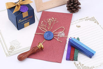 Yoption 5 Color Sealing Wax Sticks, Vintage Totem Fire Manuscript Wax Seal Sticks with Wicks for Wax Seal Stamp (Blue+Purple+Red+Navy Blue+Green)