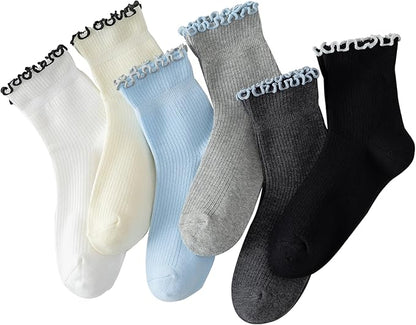 Hstyle 6 Pairs of Ruffle Socks Women, Cute Ruffle Ankle Socks
