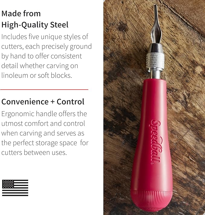 Speedball Linoleum Cutter Kit, 2-Handle Tool Set, Includes 6 Professional Linocut Carving Blades, Made in USA