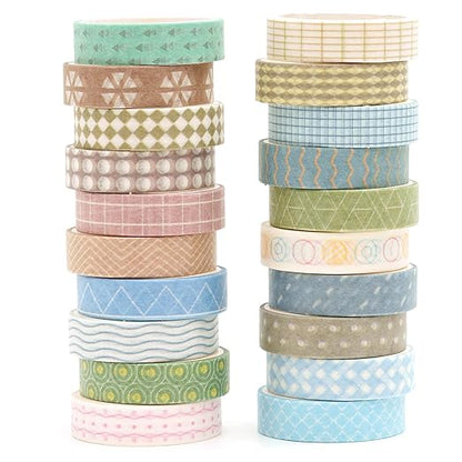 20 Rolls Basic Washi Tape Set Japanese Arts Adhesive Tapes Simple Patterns Decorative Masking Tape Sets for Craft, Kids, Scrapbook, DIY, Gift Wrapping (Style Four)