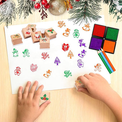 Christmas Stamps Set, Wooden Rubber Stamp with Ink Pad Colored Pencil, Holiday Square Craft Stamp for Stamping Scrapbooking Crafting Booking Card Making Stocking Filler,Christmas Favor Gift