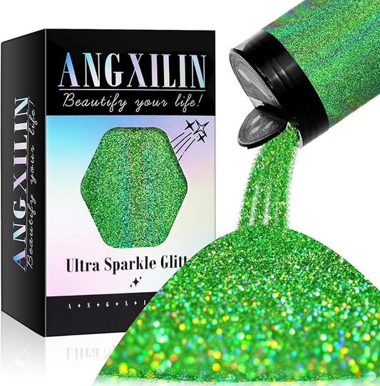 Holographic Fine Glitter for Epoxy Resin DIY Craft,ANGXILIN High Capacity 260g Shaker Bottle Fine Glitter for Nail Art Face Body Make Up,Tumblers Earrings Jewelry Making Fine Glitter (Laser Green)