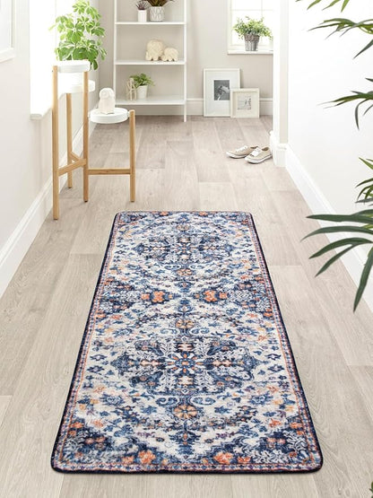 Lahome Washable Runner Rug, 2x5 Bohemian Kitchen Rug Runners Low Pile Bathroom Runner Rugs with Rubber Backing, Printed Throw Carpet Runners for Laundry Room Hallway Bedside, Blue Purple/Multi