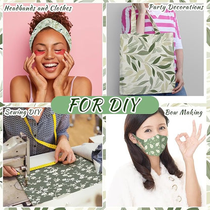 Ganeen 60 Pcs 10 x 10 Inch Sage Green Floral Quilting Fabric Squares Vintage Greenery Fat Patchwork Precut Strips Retro Eucalyptus Printed Fabric Bundles for Holiday DIY Craft Sewing Quilt Material
