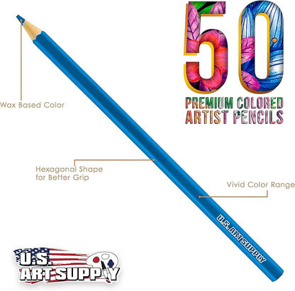 U.S. Art Supply 50 Piece Adult Coloring Book Artist Grade Colored Pencil Set with 4 Styles of Sketching & Drawing Paper - Sketching Shading Blending, Students Adults Beginners
