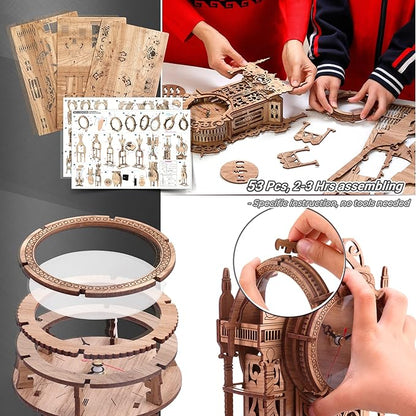 3D Wood Puzzle LED Tower Clock, 3D Puzzle Building Desktop Clock Model DIY Architectural Building Blocks (LED-TC01 Wood)
