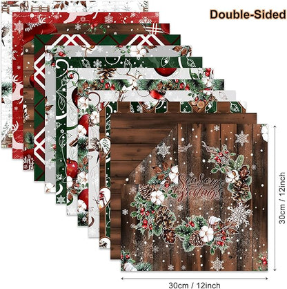 Christmas Scrapbook Paper 12×12,Merry Christmas Tree Deer Patterned Paper,24 Sheets Double-Sided Wooden Scrapbooking CardStock Papers Pad for Holiday Cardmaking DIY Origami Papers.