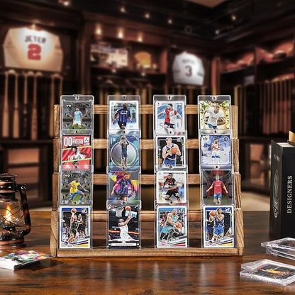 Emfogo Card Display Stand, 4-Tier Trading Card Display, Wooden Graded Baseball Sports Card Display, Trading Card Display Case for Card Collection & Show (Brown)