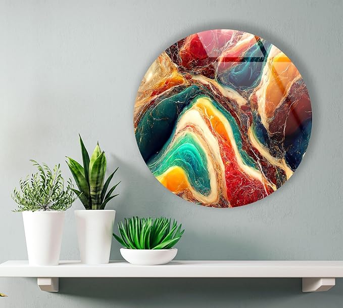 My Photostation.com 20''(50cm) Diameter Colorful Marble Swirl Round Wall Art Abstract Glass Decor with Earthy Tones & Gemstone Texture