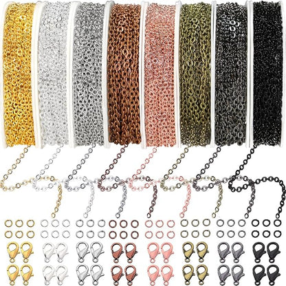 Jishi 80ft Necklace Chains Jewelry Making Chain Link Rolls Bulk 2mm - Bracelet Earring Necklace Craft Supplies DIY Jewelry Making Findings, 8-Colors Gold Silver Copper Plated Metal Rolo Cable Chains