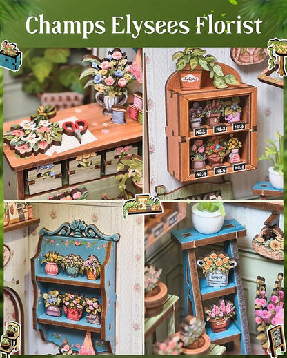 Cutefun Book Nook Kit - DIY Miniature Dollhouse Kit 3D Creative Decorative Bookend 3D Wooden Puzzle for Adults, Bookshelf Insert Room Decor with LED Light (Champs-Élysées Florist)