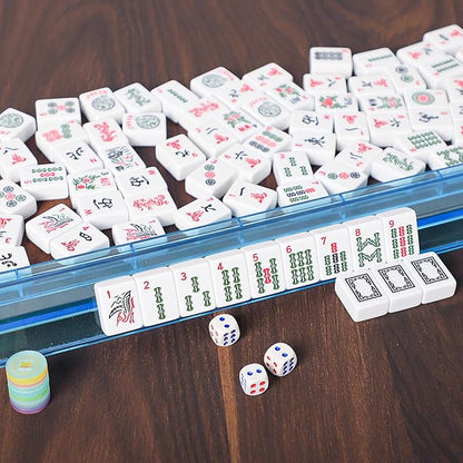 ZGME American Mahjong Set,166 White Tiles with Brown Rectangular Bag and Accessories,4 All-in-One Mahjong Racks with Pushers