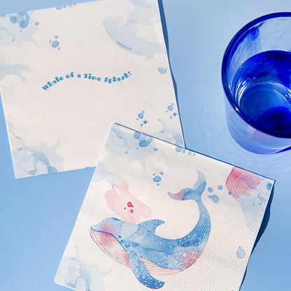 80 pcs Premium Designer Cocktail Beverage Napkins, 3-Ply 5 x 5-inches Disposable Napkin, Aqua Amore Dreams of Whale