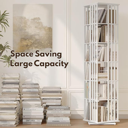 YOWOS Rotating Bookshelf Tower, 360 Display Spinning Bookcase, Bamboo Bookshelf Floor Standing Storage Rack, Wood Narrow Book Shelf Organizer for Kids&Adults (White, 6 Tier)