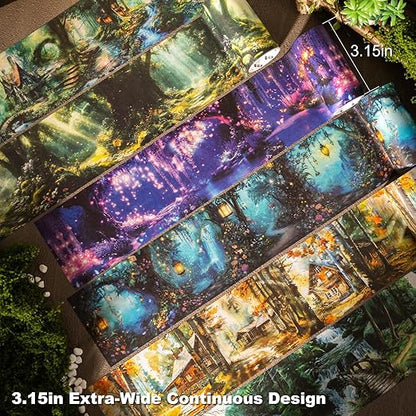 Forest-Themed Seamless Washi Tape Scrapbook Kit – 6 Rolls with Cottage, Waterfall & Fairy Forest Designs for Journaling, DIY Crafts, Gift Wrapping, Card Making and Decoration