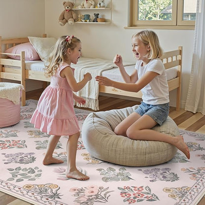 Wonnitar Floral Print Rug for Bedroom, Pink Boho Washable 8x10 Rug Ultra-Thin, Non Slip Soft Large Moroccan Trellis Floor Carpet for Living Room Girls Nursery Kids Playroom, Pale Pink