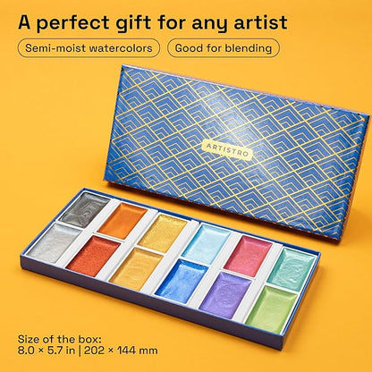 ARTISTRO Professional Metallic Watercolor Paint Set for Adults - 12 Pigment-Rich Metallic Colors, XL Pans, ASTM-I Lightfastness, High Tinting Strength Watercolor Set for Professionals made by professionals