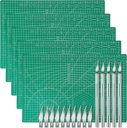 5 Pack Self Healing Cutting Mats and Exacto Knife Set, Sewing Mats with Precision Cutters and Extra 50Pcs SK5 Steel Blade 12" x 18" Work Mat for Crafts, Scrapbooking and Quilting