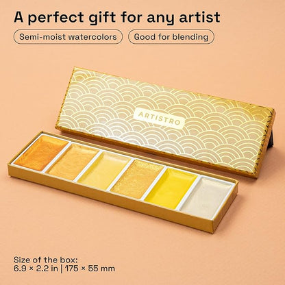 ARTISTRO Professional Metallic Watercolor Paint Set for Adults - 6 Pigment-Rich Gold Colors, XL Pans, ASTM-I Lightfastness, High Tinting Strength Watercolor Set for Professionals made by professionals