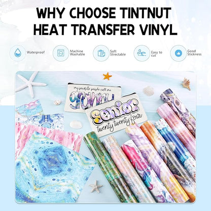 Tintnut Liquid Marble HTV Vinyl - 12 Sheets 10 x 12 Inch Watercolor Marble Heat Transfer Vinyl Pattern HTV Iron on Vinyl T-Shirts DIY Compatible with Cricut or Silhouette Cameo