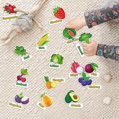 Kids Felt Board Set with 90 Fruits & Vegetables Pieces - Interactive Learning & Education Toys for Preschool Homeschool, Vibrant Colors Pretend Play Toys with Storage Bag & Velcro Dots