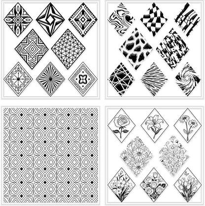 CHGCRAFT 4 Pcs Rhombus Pattern Polymer Clay Texture Sheets Abstract Art Silicone Texture Stamp Rhombus Flowers Modeling Pattern Pad Sheets for Jewelry and Earrings Tools, 5.5x5.5 inch