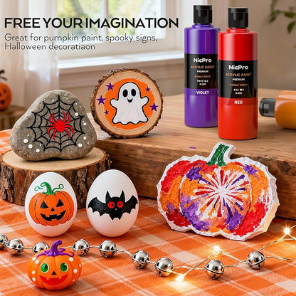 Nicpro 18 Colors Large Acrylic Paint Set, 8.45oz/250 ml Artist Painting Supplies Bulk Non-Toxic For Multi Surface Pumpkin Canvas Wood Fabric Leather Cardboard Paper Crafts Rock Hobby with Color Wheel