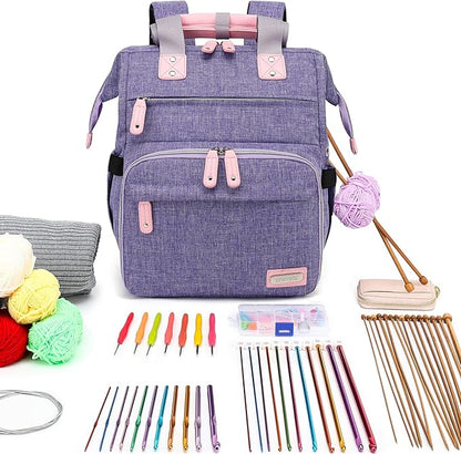 Crochet Backpack,Knitting Bag Backpack Yarn Storage Organizer Travel Crochet Bag with USB Charging Port,Large Yarn Tote Bag, Purple, Crochet Backpack, Travel