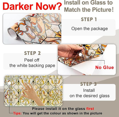 3D Stained Glass Window Privacy Film, Heat Control UV Blocking Static Cling Decorative Window Film for Bathroom,Front Door,Home Non Adhesive 35.4 x 78.7 inches Golden Filigree