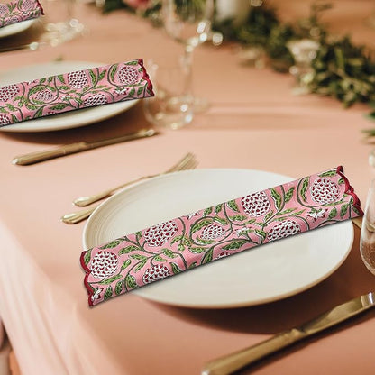 Ridhi Strawberry Pink Hand Block Print Napkins 18" x 18" Set of 4 Reusable Cotton Dinner Napkins for Weddings, Parties & Everyday Dining, Thanksgiving, Christmas, Fall