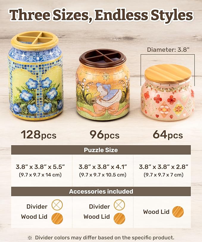 PieceRelax 3D Puzzle Jar 64 Plastic Pieces for Adults - Sweetness of Strawberry Wooden Lid Container for Kitchen Dining Study Living Room No Glue Requied Small [BC1026]